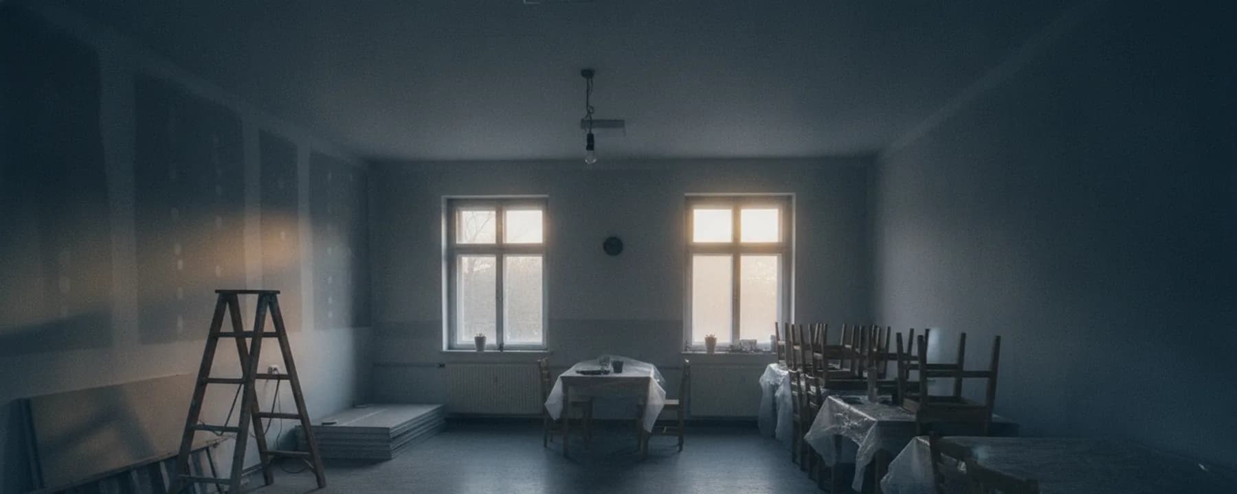 Heller, leerer Saal im Umbau mit Leiter und Werkzeug an der Wand