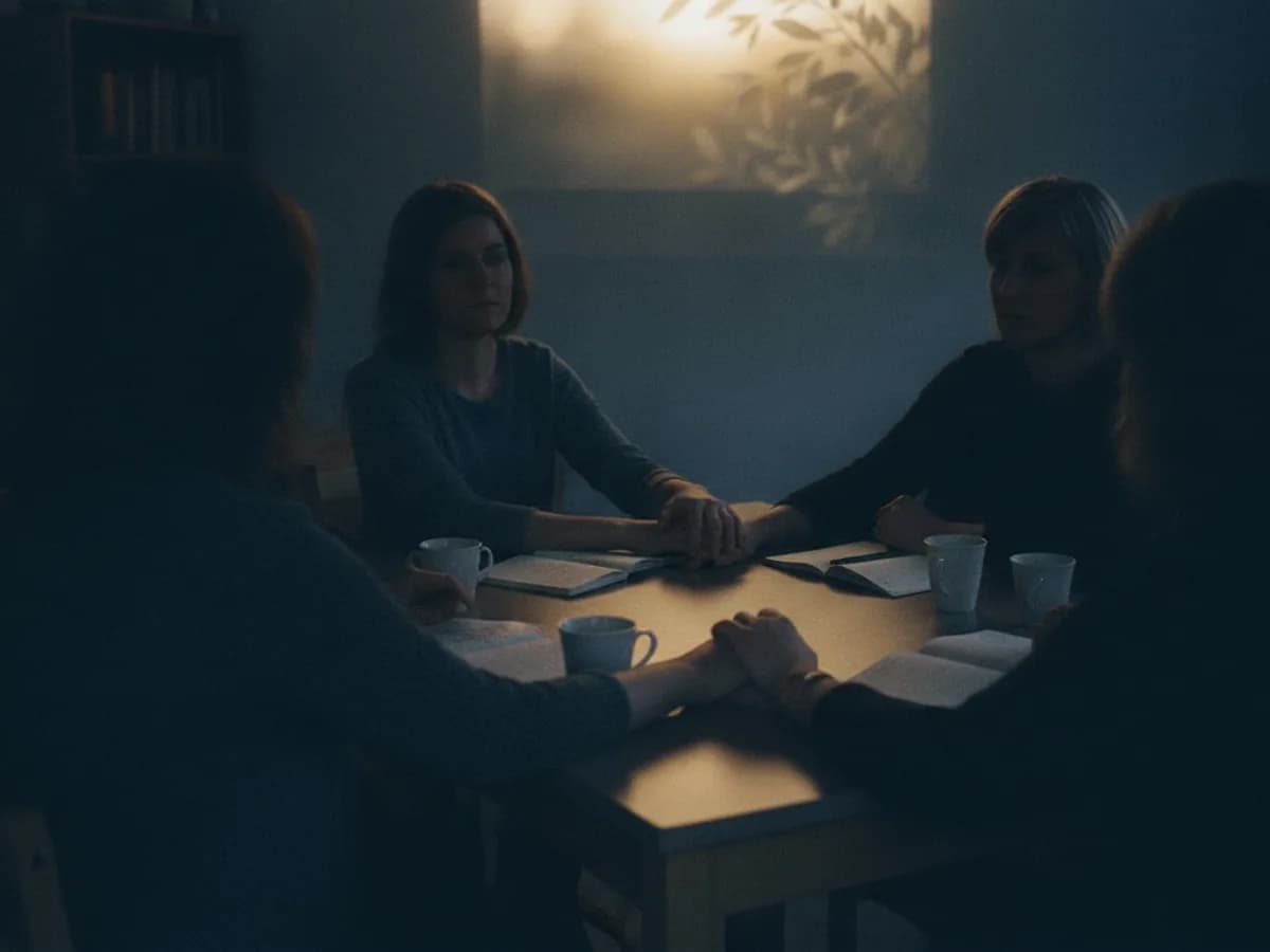 Hände mehrerer Frauen liegen gemeinsam auf einem Tisch im Gesprächskreis