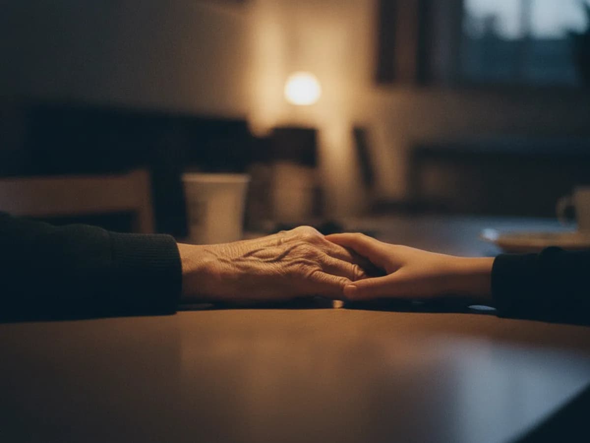 Hand einer älteren Person und Hand eines Kindes berühren sich auf einem Tisch