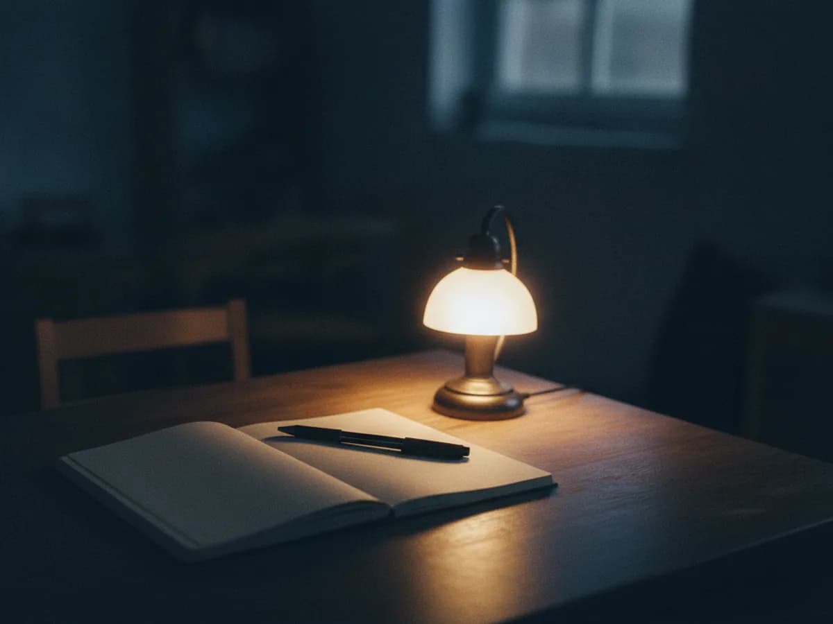 Aufgeschlagenes Notizbuch mit Stift auf Holztisch im warmen Licht