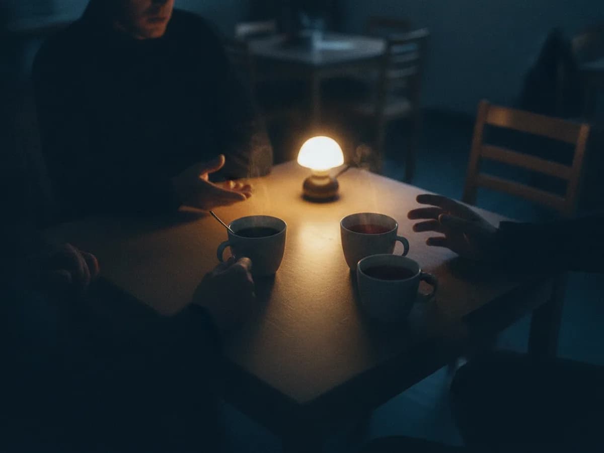 Tee- und Kaffeetassen auf einem Tisch, Hände im Gespräch