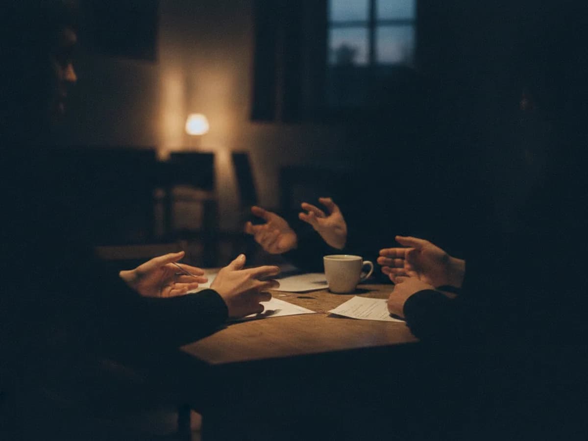 Mehrere Hände um einen Tisch mit Papieren und einer Kaffeetasse