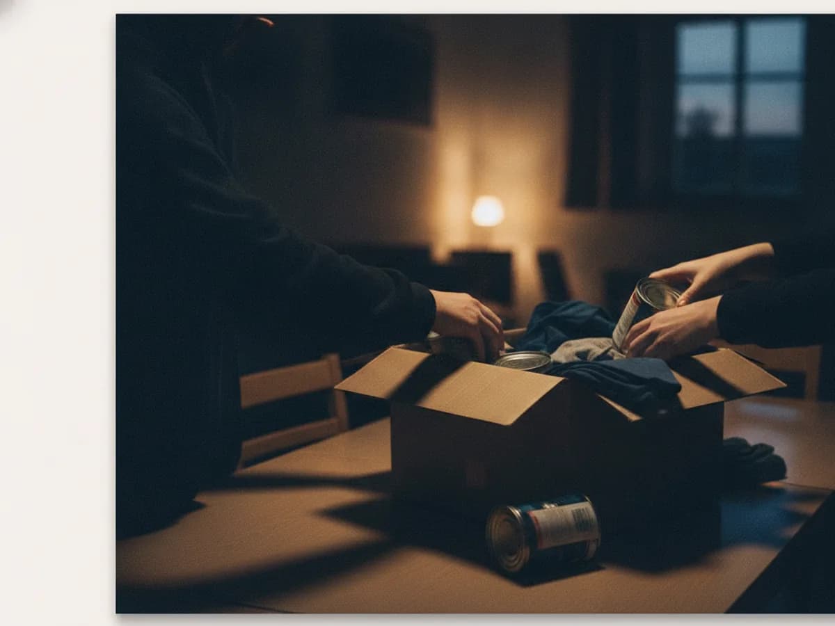 Hände packen Lebensmittel und Kleidung in einen Karton
