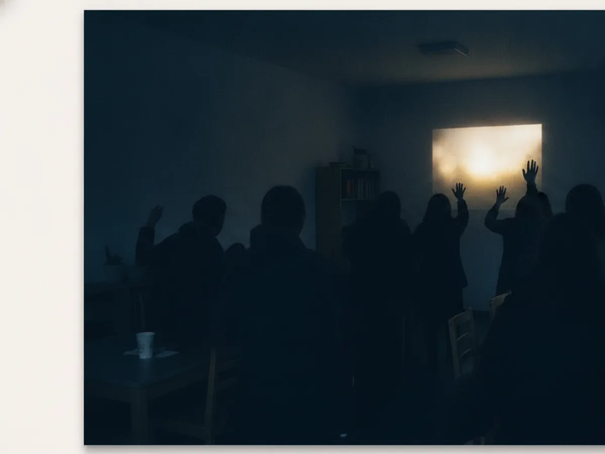 Silhouette einer kleinen Menschengruppe von hinten mit erhobenen Händen