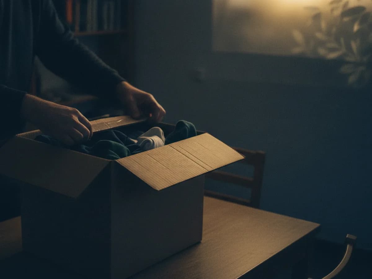 Hände schliessen eine Spendenkiste mit Kleidung