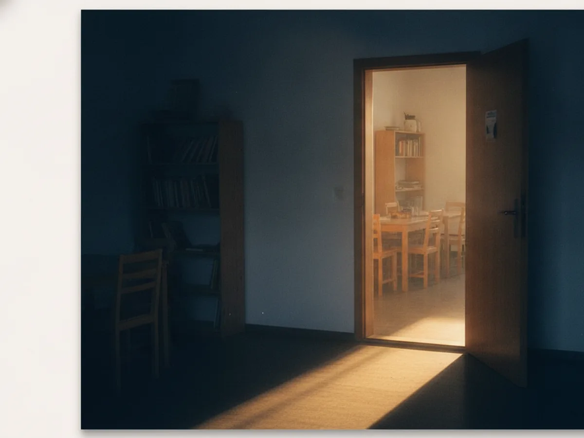Warmes Licht fällt durch eine halb geöffnete Holztür in einen hellen Raum